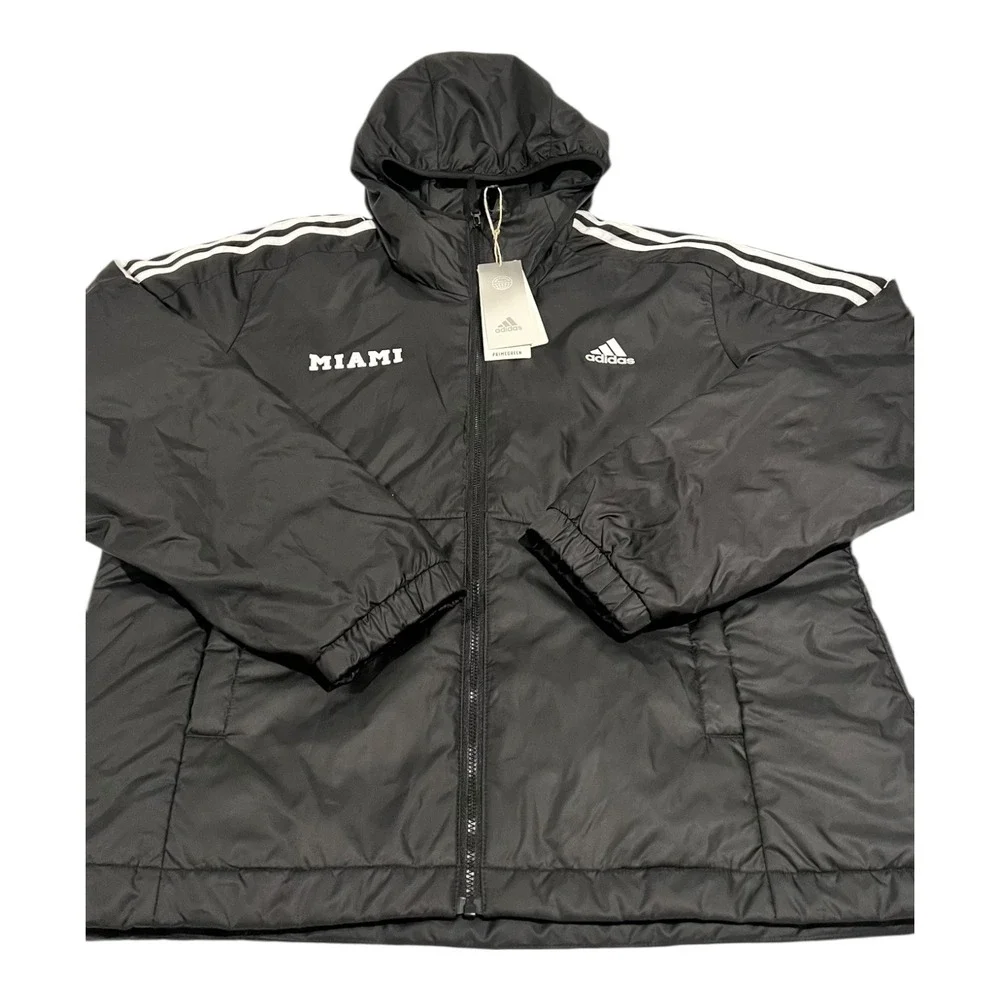 NWT Adidas Miami Men's L Black Full-Zip‎ Hooded Jacket White Stripes Logo